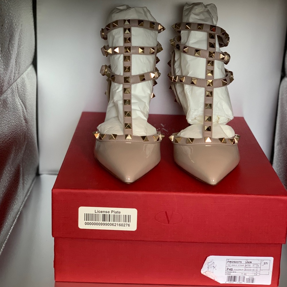 New Valentino Rock Stud Caged Pump Poudre Patent Leather 65mm - Size 37